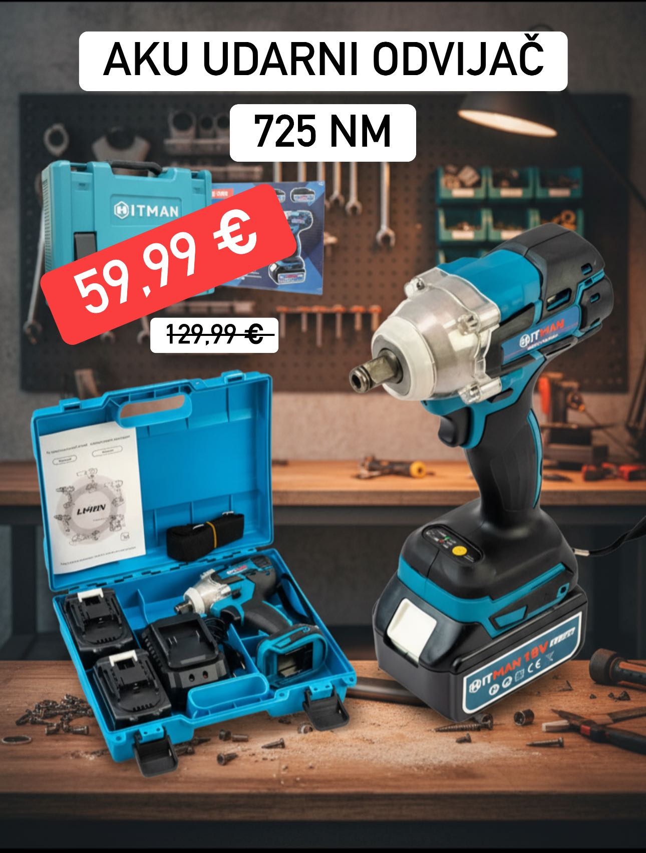 AKU UDARNI ODVIJAČ - 725 Nm sa 2 x Baterije